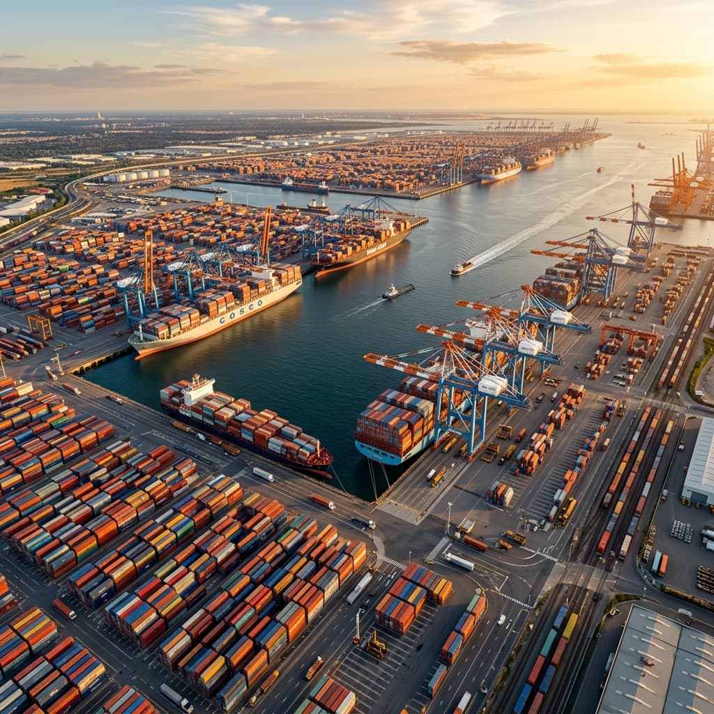 Global logistics operations — cargo containers at an international shipping port